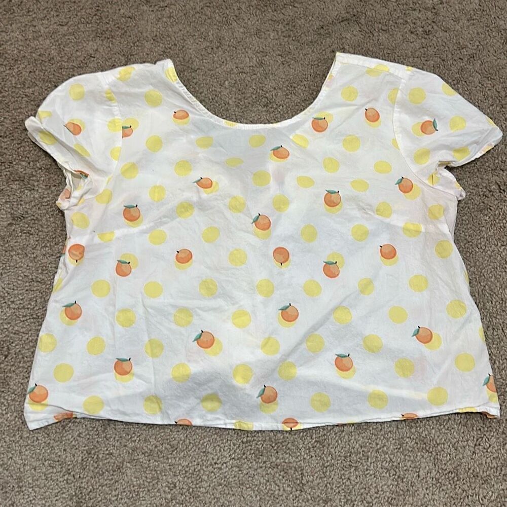 Saint Geraldine Size M Tie Back Citrus Blouse White Oranges Boxy Preppy Coastal